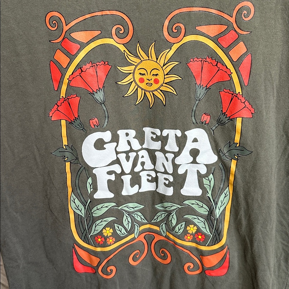 Greta Van Fleet Graphic Tee — Olive Green with Red & Yellow Artwork - Picture 3 of 4